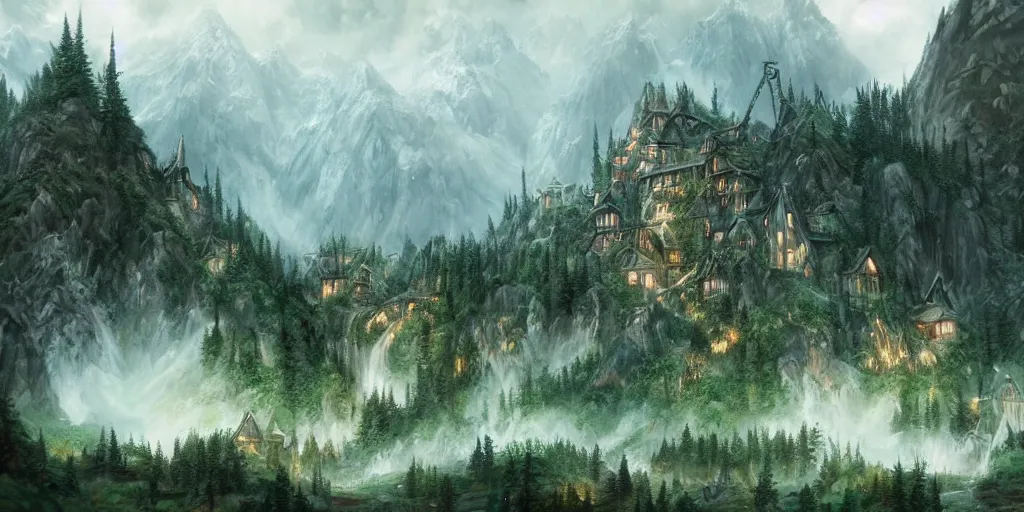 Image similar to elvish village. rivendell. mountains. beautiful forest. concept art. epic. cinematic. artstation.