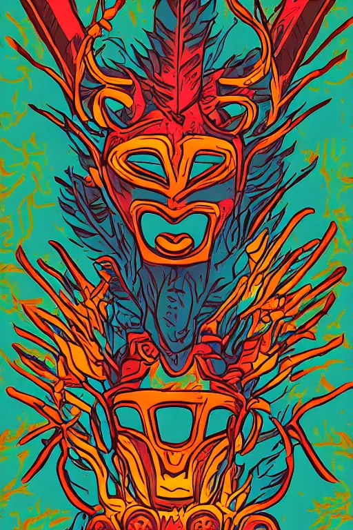 Prompt: totem animal mask tribal feather gemstone plant wood rock shaman vodoo video game vector cutout illustration vivid color borderlands comics by josan gonzales and dan mumford radiating a glowing aura