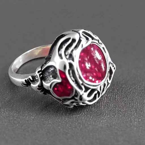 Prompt: skeletonized silver ring with rubies macro rendered intricate detail