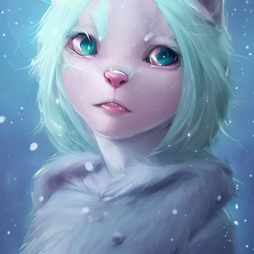 Image similar to aesthetic portrait commission of a albino cute furry anthro winter fox wearing a cute mint colored cozy soft pastel winter outfit with the full moon in the background , soft snowy winter Atmosphere. Character design by charlie bowater, ross tran, artgerm, and makoto shinkai, detailed, inked, western comic book art, 2021 award winning painting