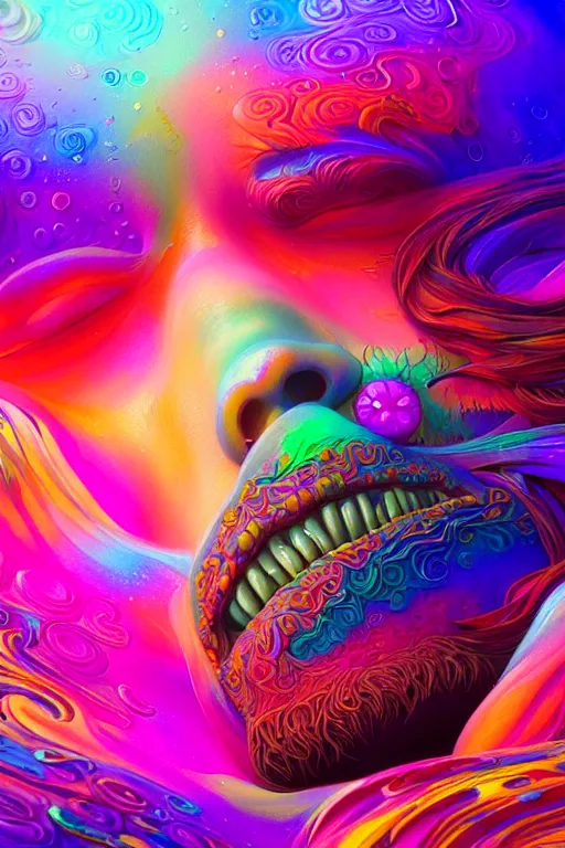 Image similar to colorful liquid smoke morphing into happy sleeping faces, extremely colorful psychedelic experience, dmt, psilocybin, lsd, intricate, elegant, highly detailed, digital painting, artstation, smooth, sharp focus, illustration, art by krenz cushart, hana yata, octane render, unreal engine, 8 k