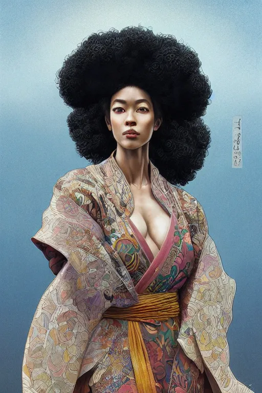 Image similar to ultra realistic illustration, woman with an afro wearing a kimono, sci - fi, fantasy, intricate, elegant, highly detailed, digital painting, artstation, concept art, smooth, sharp focus, illustration, art by artgerm and greg rutkowski and alphonse mucha