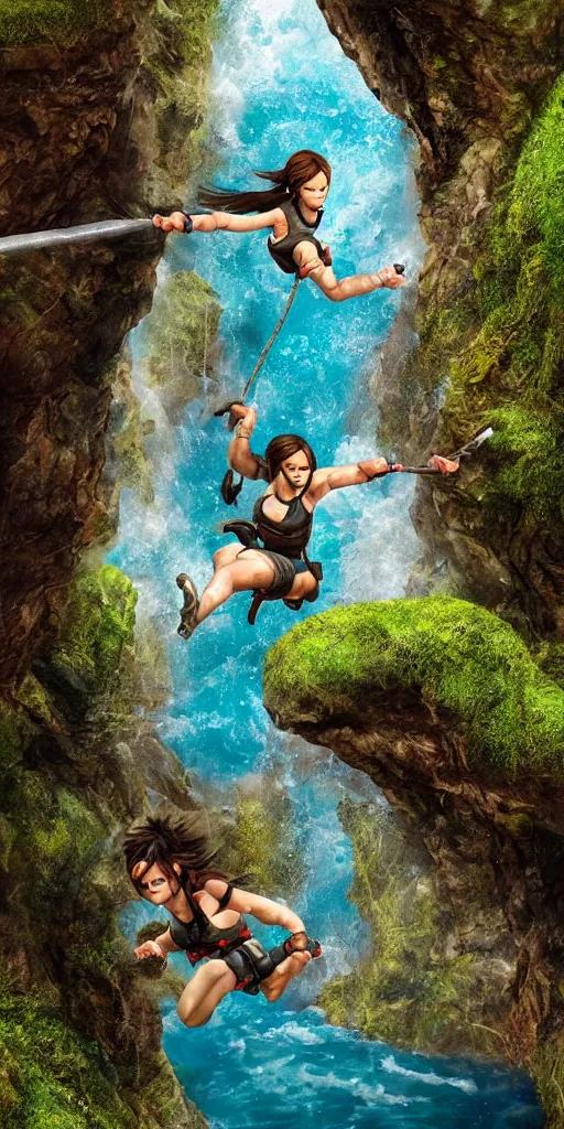 Image similar to extremely angry looking Lara Croft jumping from a rope swinging over a roaring ancient river, bright blue water, mossy rock, created by Lilia Alvarado