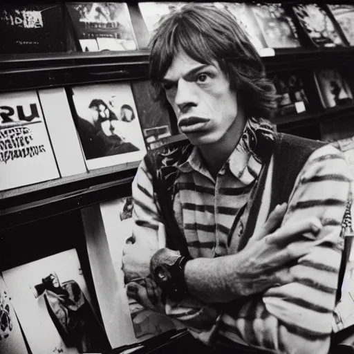 Prompt: mick jagger working in a record store in 1 9 6 9, polaroid photo, artistic, realistic, snapshot, gritty, portrait