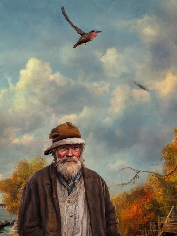 Prompt: realistic renderings portrait of very old fisher man portrait with a hat, wearing a fisher 🧥, coloured wears, ( ( ( ( ( a bird in the sky ) ) ) ) ) ponton port scene background, astonishing scenes, detailed, photorealism, volumetric lighting, autumn lights colors, ultra detailed