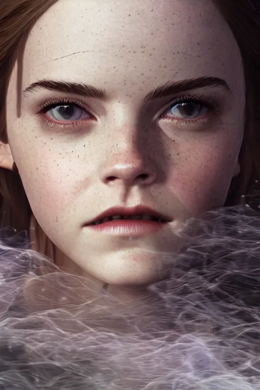 Image similar to a mix of of emma watson, anya taylor - joy and emma stone, evil sorceress elf, lotr, hyperrealism, octane render, extremely detailed, intricate smoke magic, lace, style of mark ryden, earl nore, hyung tae, frank frazetta