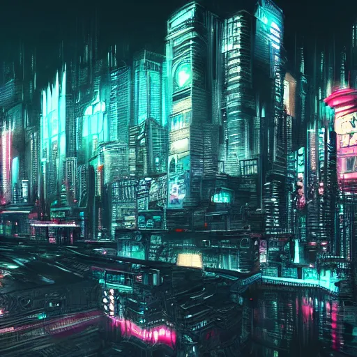 Prompt: futuristic cityscape, dark, cold, neon lights, tall buildings, depressing weather, detailed, intricate, hd, 4 k, trending on artstation
