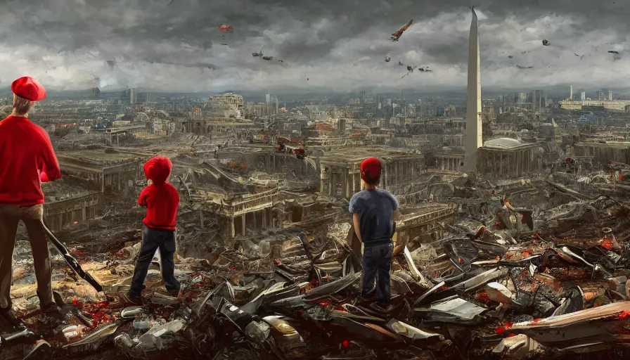 Image similar to father with shotgun and his son with red hat looking at destroyed washington dc from a rooftop, debris, destruction, cloudy day, vegetation, hyperdetailed, artstation, cgsociety, 8 k