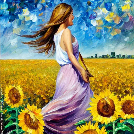 Image similar to a girl slowly walking through amazing tall sunflower field, her hair flowing down, subtle, intricate details, real masterpiece, oil on canvas, by leonid afremov