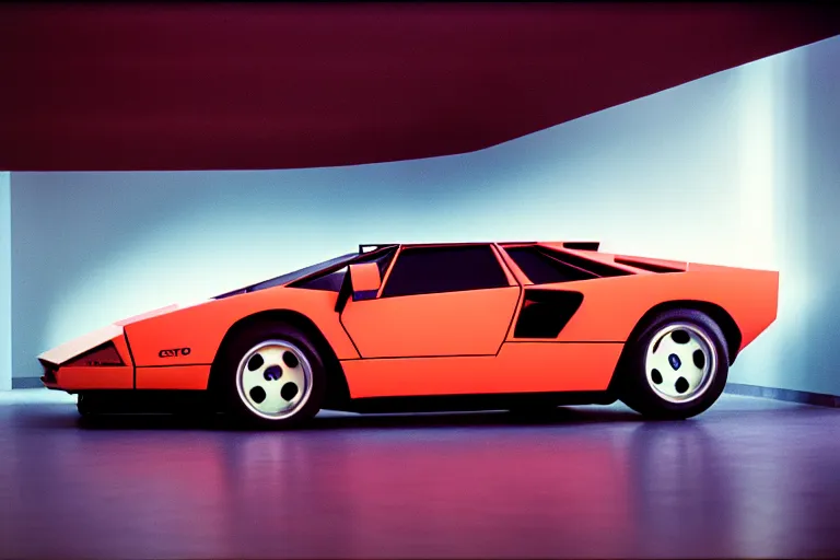 Image similar to designed by giorgetto giugiaro stylized poster of a single countach 9 5 9 concept, thick neon lights, ektachrome photograph, volumetric lighting, f 8 aperture, cinematic eastman 5 3 8 4 film