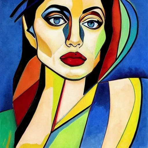 Prompt: angelina jolie portrait, style by kandinsky, art deco, portrait,