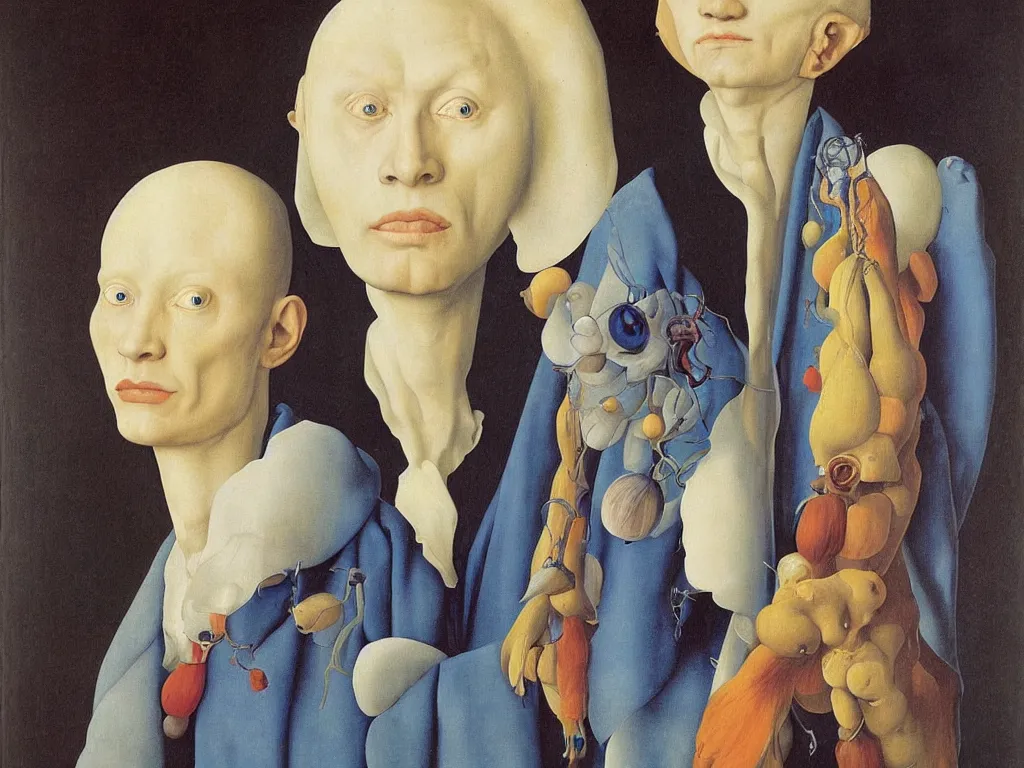 Image similar to Portrait of albino mystic with blue eyes, with anatomy of the eye. Painting by Jan van Eyck, Audubon, Rene Magritte, Agnes Pelton, Max Ernst, Walton Ford