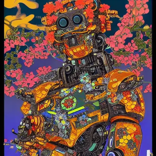 Image similar to colourful vfx art - portrait of army mecha robot wrapped in flowers & vines, art by utagawa kunisada & tadanori yokoo, volumetric light, ray tracing, sharp, detailed, digital painting, illustration, highly detailed, intricate detail, unreal engine, octane render, pinterest, behance, art station,