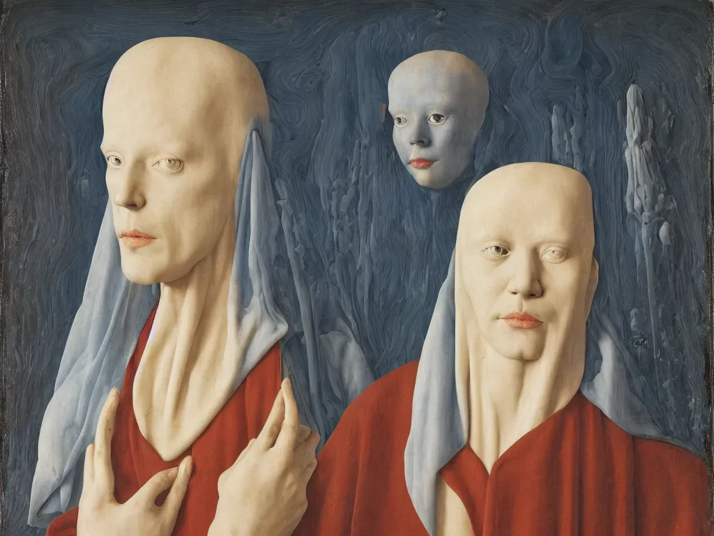 Image similar to portrait of albino mystic with blue eyes, with beautiful Cycladic marble sculpture. Painting by Jan van Eyck, Audubon, Rene Magritte, Agnes Pelton, Max Ernst, Walton Ford
