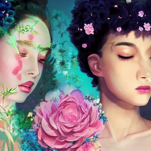 Image similar to portrait of the two most beautiful women surrounded by soft florals, vaporwave lighting, dewy skin, concept art, high detail, beautiful, dreamy