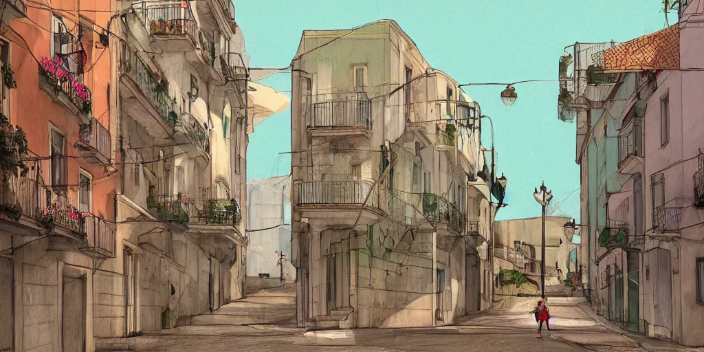 Prompt: back to the summer of the downtown city of lisbon, concept art, pastel soft colors, in the style of danny mcbride, knyazev konstantin