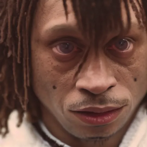 Prompt: a cinematic film still of Trippie Redd starring in The Shining, portrait, 40mm lens, shallow depth of field, close up, split lighting, cinematic