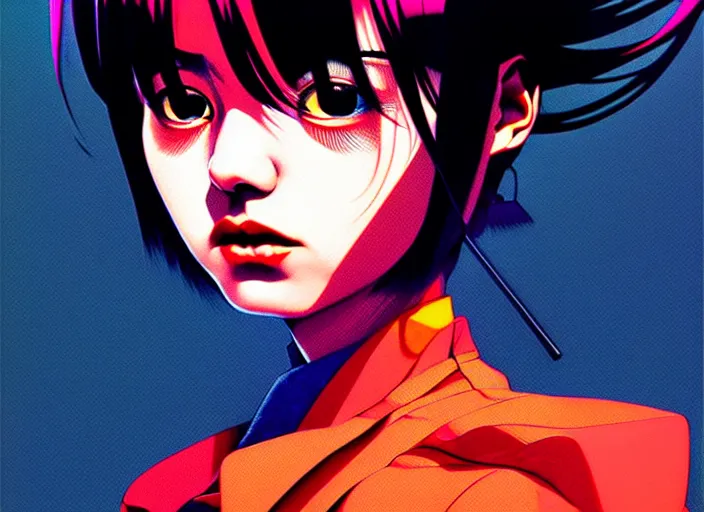 Image similar to editorial illustration by karolis strautniekas and mads berg, colorful, anime portrait vampire princess miyu, katsuhiro otomo, manga, ilya kuvshinov, fine texture, realistic shading, fine details, matte colors, film noir, dramatic lighting, dynamic composition, moody, vivid, volumetric