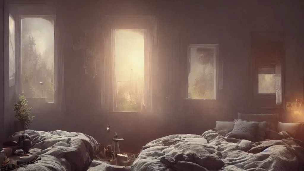 Prompt: a photorealistic hyperrealistic render of an interior of a beautifully decorated cozy bedroom by pixar, greg rutkowski, wlop, artgerm, dramatic moody sunset lighting, long shadows, volumetric, cinematic atmosphere, octane render, artstation, 8 k