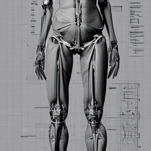 Image similar to a concept of a detailed and intricate design of a full body of human anatomy, 3 d design, great finesse organic hyper detailed, engineering blueprints, technical drawings, calculus, stained paper, hyperrealistic, ultra detailed, 4 k, octane render, unreal engine