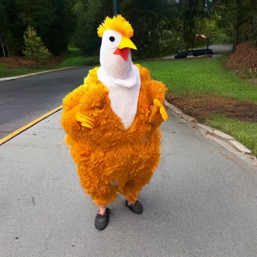 Image similar to a middle aged man in a poorly done chicken costume