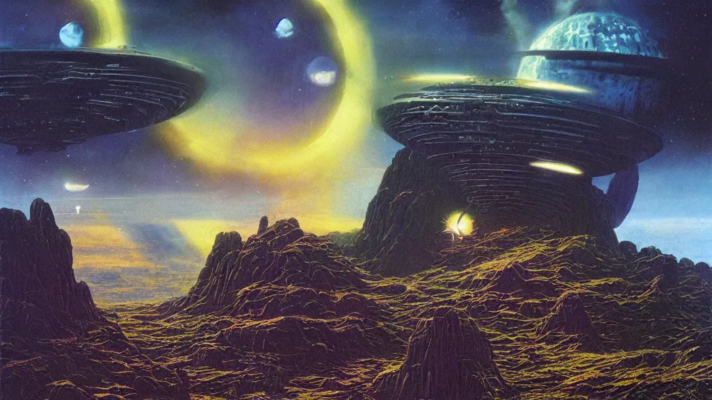 Prompt: eerie atmospheric alien planet empire by angus mckie and bob eggleton and chris moore, epic cinematic matte painting