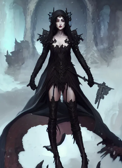 Image similar to character concept art of a dark fantasy female dark witch, key visual, realistic shaded perfect face, fine details, dystopian environment and background, by stanley artgerm lau, wlop, rossdraws, james jean, andrei riabovitchev, marc simonetti, and sakimichan, trending on artstation