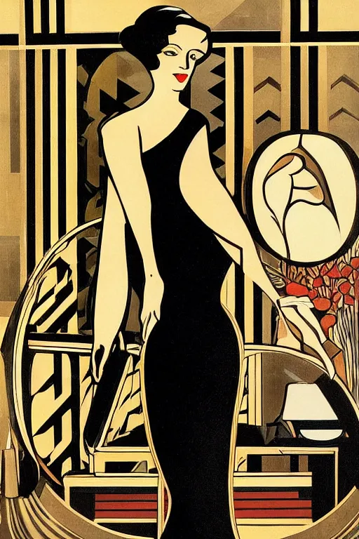 Prompt: a detailed artdeco woman in an art deco style room