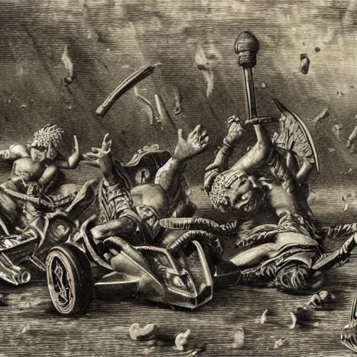 Image similar to Devastation of the Fallen Figures, Victory in Mario Kart, by Gustav Doré and Mario Kart