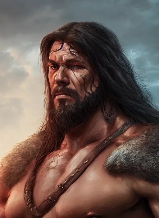 Image similar to comic book style portrait painting of conan the barbarian in a stunning fantasy setting, unreal 5, DAZ, hyperrealistic, octane render, dynamic lighting