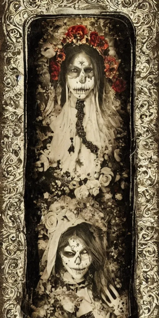 Image similar to tintype full body view, virgin mary in dia de muertos dress and make up, horrific beautiful vibe, evocative, atmospheric lighting, painted, intricate, highly detailed,