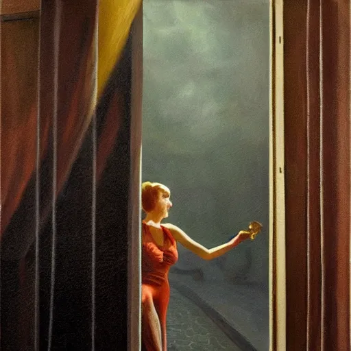 Image similar to oil painting of realistic woman, 1 9 3 0 s decopunk penthouse balcony, rain and smoke, dramatic lighting, tech noir, wet skin, atmospheric, ambient, rupert everton, wlop, george tooker, alexis flower, hopper, livia prima,