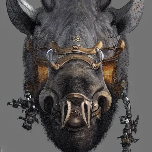 Image similar to portrait concept painting of a rampaging ashigaru mecha boar, warthog. fantasy painting, dungeons and dragons, magic the gathering art, of bamboo, laquer and steel, steampunk - inspired by brian froud and greg rutkowski and jessica rossier