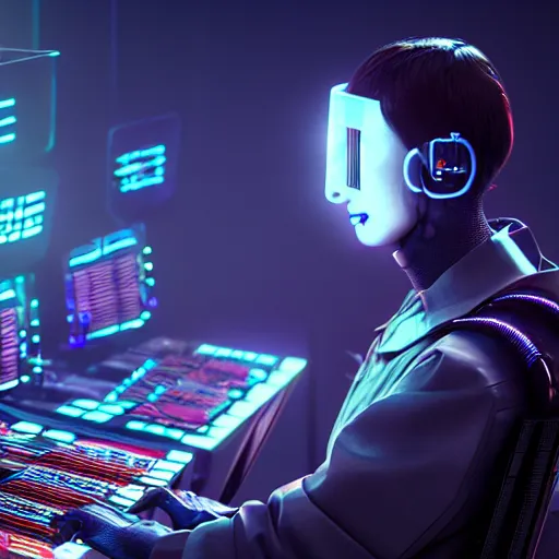 Prompt: photo of a cyberpunk composer playing multiple synthesizers, trending on artstation, symmetrical, frustrated face, cinematic, hyperrealism, high detail, octane render, 8k, unreal engine 5