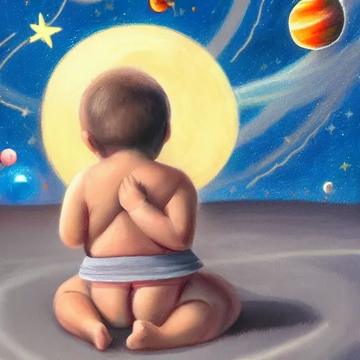 Image similar to sad lonely baby in the middle of space surrounded by colorful stars planets and galaxies, oil painting, trending on artstation