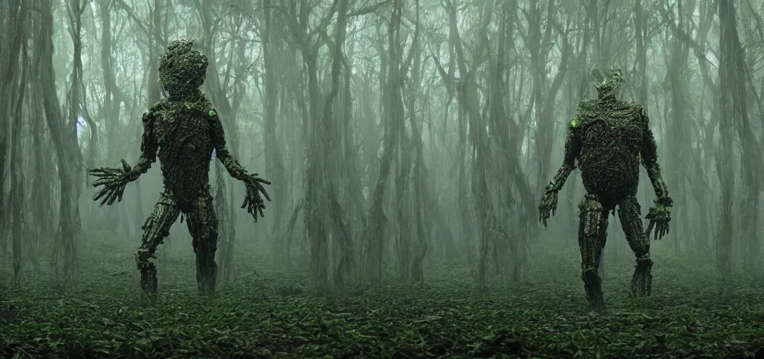 Image similar to a complex organic fractal 3 d metallic symbiotic ceramic humanoid megastructure creature in a swampy lush forest, foggy, cinematic shot, photo still from movie by denis villeneuve, wayne barlowe