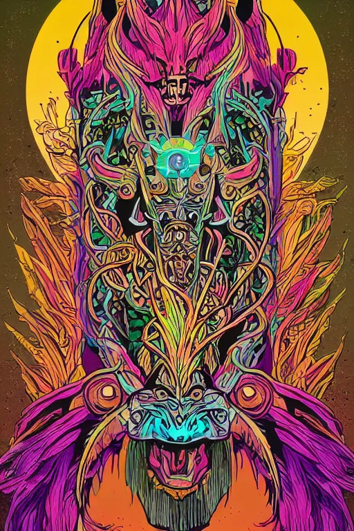 Image similar to animal mask totem roots flower tribal feather gemstone plant wood rock shaman vodoo video game vector cutout illustration vivid multicolor borderlands comics by josan gonzales and dan mumford radiating a glowing aura