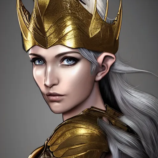 Prompt: side portrait of a young female elven warrior, fantasy, white hair, gold armour, golden crown, white skin, trending on artstation, gsociety, D&D, elegant, highly detailed, realistic eyes, detailed illustration, smooth, sharp focus, upper body, intricate, rule of thirds, holy glow, backlit, dark background hd 4k by Greg Rutkowski, Alphonse Mucha, Ayami Kojima, Charlie Bowater, Artgerm, Loish, Kentaro Miura, Karol Bak, Greg Hildebrandt, Norman Rockwell