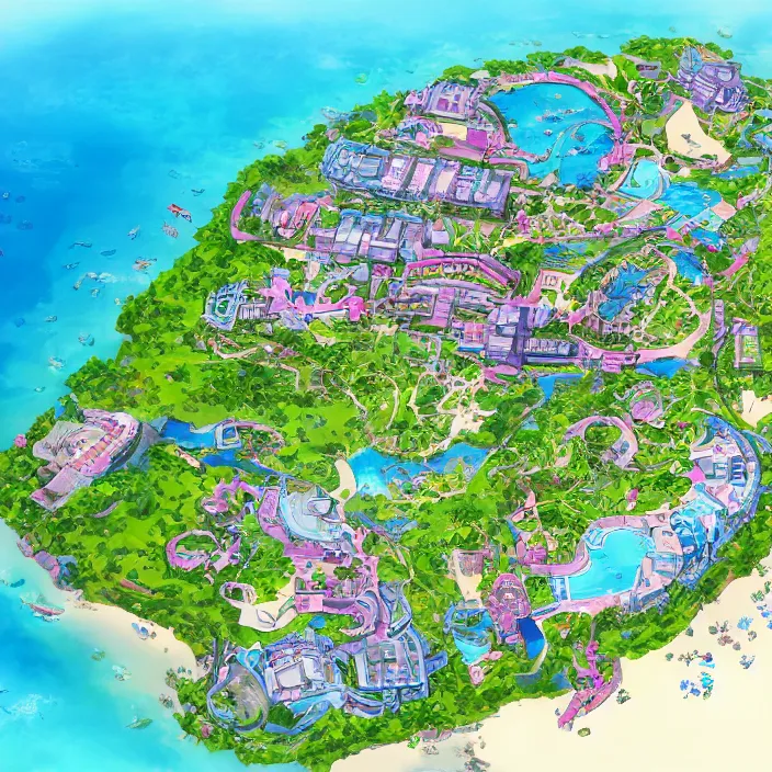 Prompt: down angled view of an anime resort, ocean, resort, beach, anime art, map