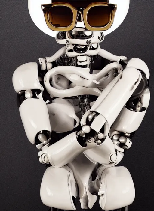 Image similar to portrait of a futuristic bone ceramic guapo humanoid robot Spanish with a handsome face wearing cholo shades and muscular body reclining, macho, piroca, dotado, guapo, matte surface, trending on cgsociety