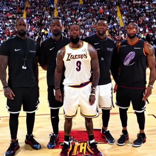 Prompt: three short men stacked on top of each other standing next to lebron james