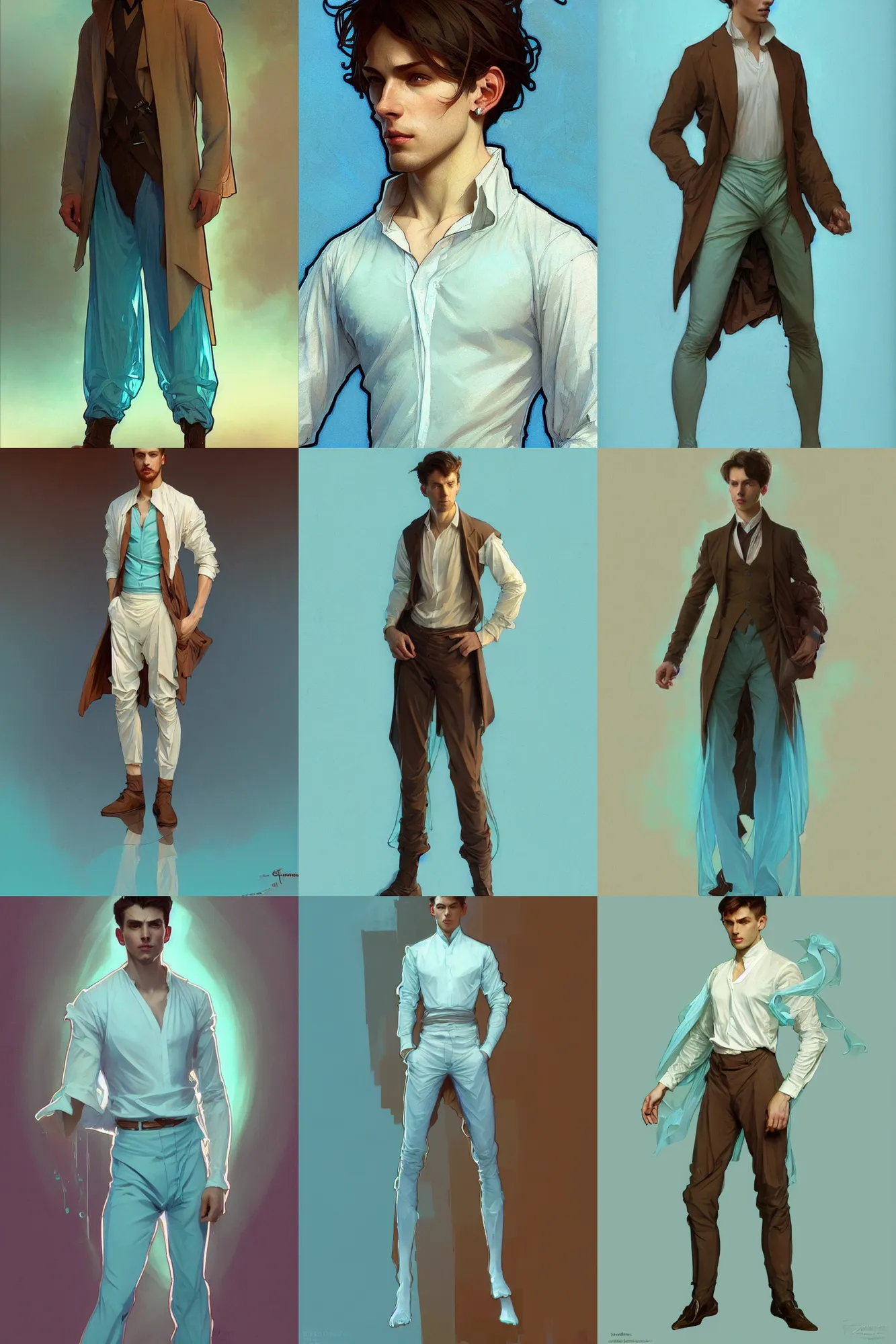 Prompt: full figure portrait of a single beautiful young fit man, dressed of modern transparent fluent shirt and large pants, by greg rutkowski and alphonse mucha, d & d character, gradient brown to cyan, interior design background, highly detailed portrait, digital painting, artstation, concept art, smooth, sharp focus ilustration, artstation hq