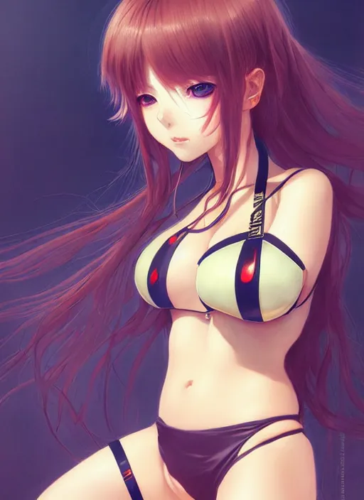 Prompt: portrait of beautiful young anime girl in bikini armor, cute-fine-face, pretty face, realistic shaded Perfect face, fine details. Anime, cyberpunk, Warhammer, highly detailed, artstation, illustration, art by Ilya Kuvshinov and Gustav Klimt