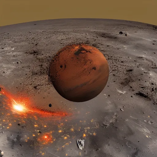 Image similar to mars colliding with earth, 3 d, explosion, debris