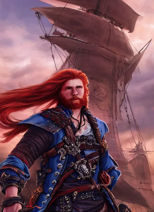 Prompt: An epic fantasy comic book style portrait painting of a long haired, red headed male sky-pirate in front of an skyship in the style of the wheel of time, unreal 5, DAZ, hyperrealistic, octane render, cosplay, RPG portrait, dynamic lighting