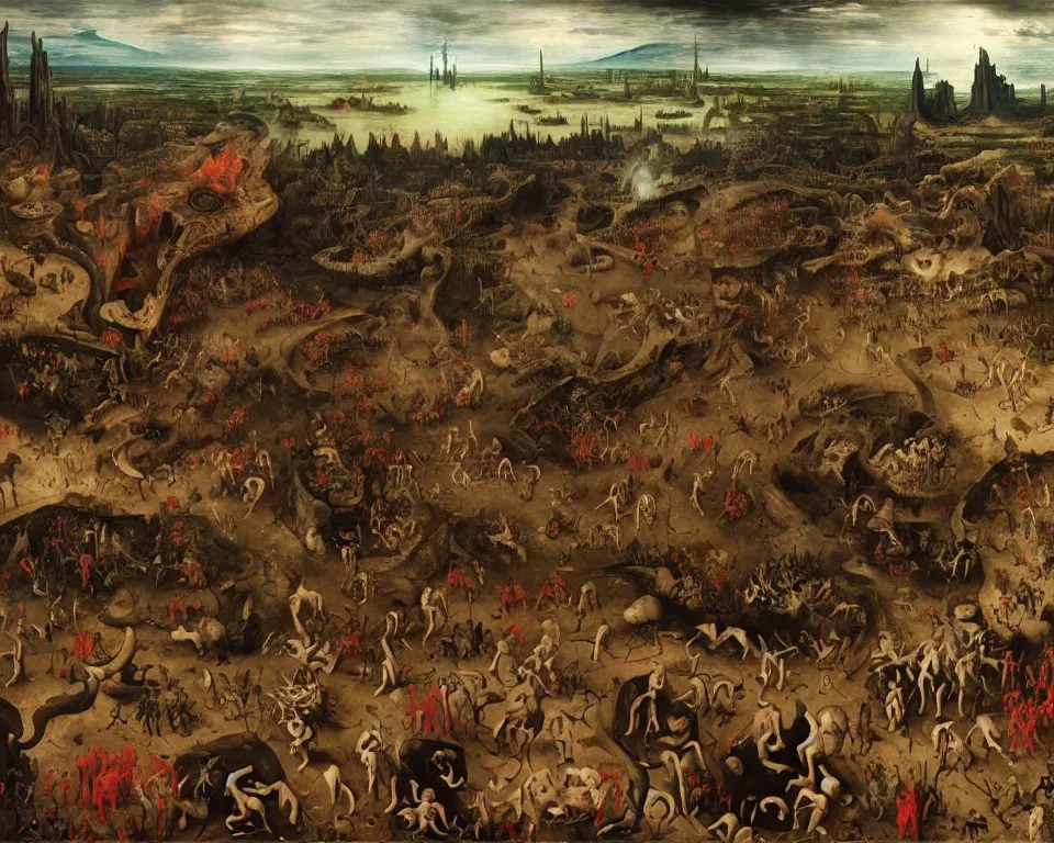 Image similar to doom eternal by jakub rozalski, garden of eternal delights hell by hieronymus bosh, triumph of death by pieter brueghel