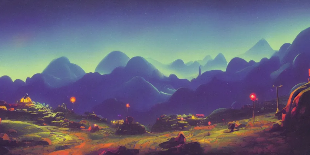 Image similar to a curved perspective cartoon paul lehr narrow night landscape with far away mountains