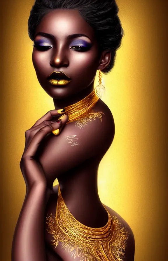 Image similar to Beauty woman black skin color body art, gold makeup lips eyelids, fingertips nails in gold color paint. Professional gold makeup, fantasy magic, undercut hairstyle, dark light night, intricate, elegant, sharp focus, illustration, highly detailed, digital painting, concept art, matte, art by WLOP and Artgerm and Greg Rutkowski and Alphonse Mucha, masterpiece