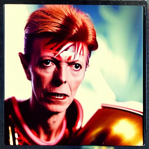 Image similar to medium - shot photo of david bowie!! wearing a space suit, background mars surface, in the new watchmen movie, polaroid photo, instax,