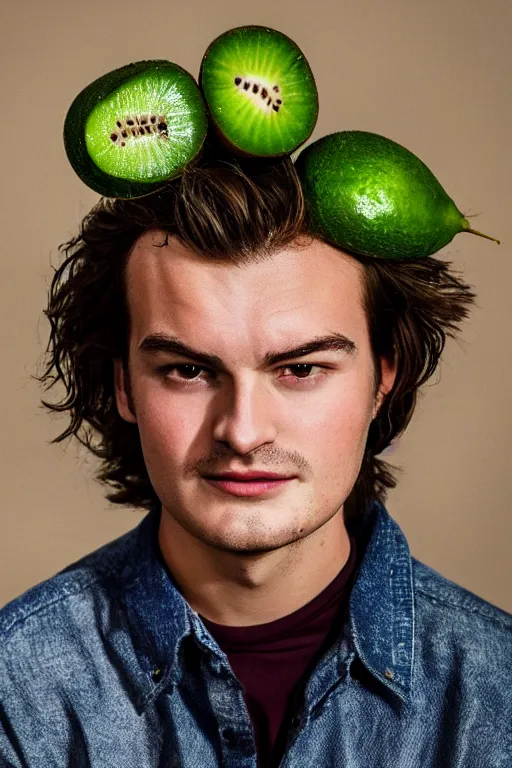 Image similar to 📷 joe keery the kiwi fruit 🥝, made of food, head portrait, dynamic lighting, 4 k